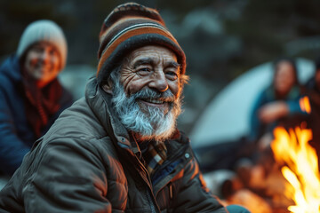 Obraz premium Senior Man Smiling Around Campfire with Friends