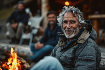Fototapeta premium Senior Man Enjoying Campfire with Friends at Night