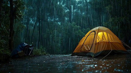 Rain on the tent in the forest, tropic, quiet, calm, peaceful, meditation, camping, night. Copy space for text.