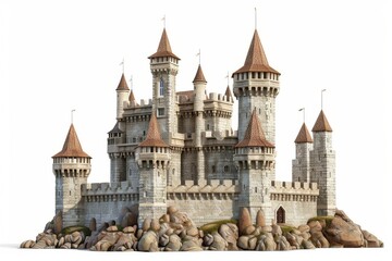 Obraz premium Old Stone Castle With Towers Against White Background