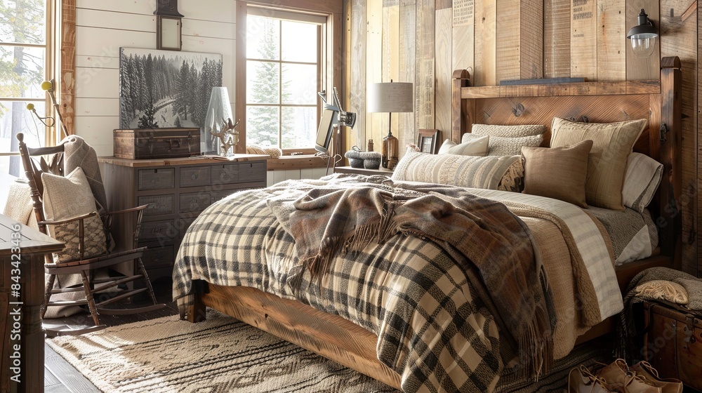 Sticker rustic cabin-style bedroom with a warm and inviting color palette of earth tones and natural wood