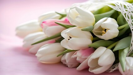 Spring flower arrangement with white tulips on a pink background
