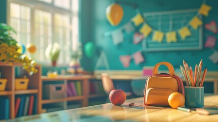 Yellow backpack with apple. Back to school concept
