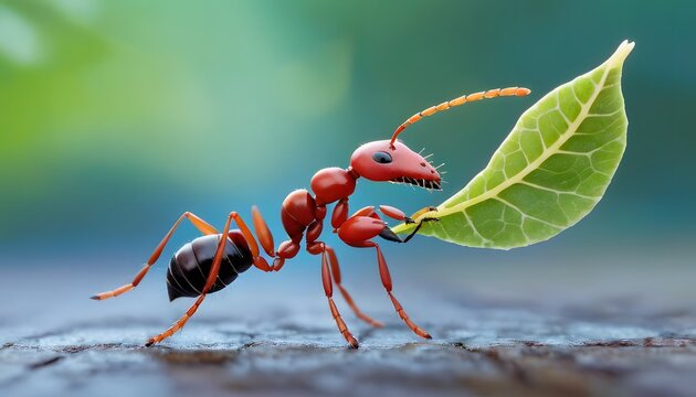Ants carry the leaves back to build their nests, carrying leaves, close-up. sunlight background. Concept team work together.