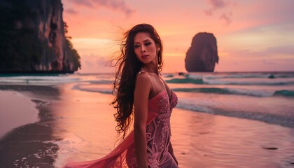 Sunset Beauty: A Captivating Woman on Railay Beach, Thailand