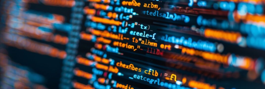 A close-up view of a computer screen displaying programming code in a dark blue background with bright orange and blue text