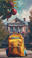 Obraz premium Yellow backpack with apple. Back to school concept 