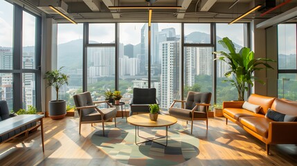 Fototapeta premium Bright coworking office with city views, spacious layout, and modern furniture, filled with natural light