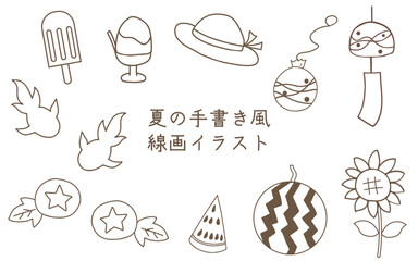 夏の手描き風線画イラスト