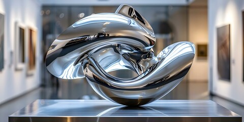 Obraz premium Futuristic abstract metal sculpture on polished steel plinth created with advanced technology. Concept Abstract Sculpture, Futuristic Design, Metal Art, Polished Steel Plinth, Advanced Technology