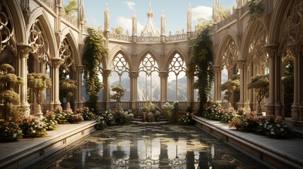 Rivendell mansion-castle, rococco architectural, gothic columns windows 