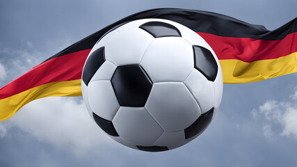 Fototapeta premium Generative AI. The symbolic power of success and victory. Classic soccer ball (football) has black and white color on Germany flag.