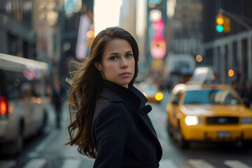 Fototapeta premium /imagine Dynamic businesswoman walking through a bustling city street, dressed in formal attire, radiating determination. --ar 32 --v 6.0 - Upscaled (Subtle) by @dani2011 (relaxed)