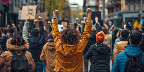 Obraz premium A large group of protestors march through an urban area, raising their fists in the air