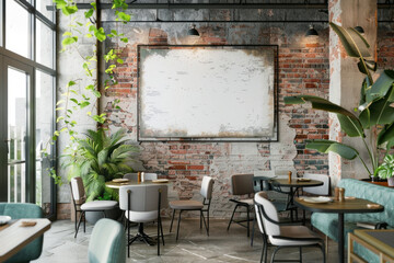In a chic, modern cafe, a blank poster graces the wall, adding to the streamlined aesthetic and offering a canvas for creativity amidst the trendy, urban setting, mockup