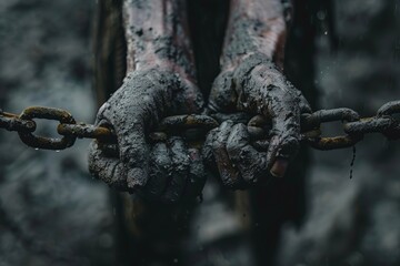 A close-up image of two hands covered in dirt, tightly gripping a metal chain