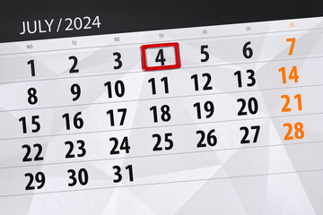 Calendar 2024, deadline, day, month, page, organizer, date, July, thursday, number 4