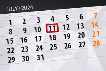Fototapeta premium Calendar 2024, deadline, day, month, page, organizer, date, July, thursday, number 11