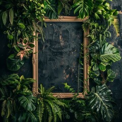 Vertical garden nature backdrop, copy space, living green wall indoors garden with various tropical rainforest foliage plants (devil's ivy, ferns, philodendron, peperomia, and inch plant)  empty frame