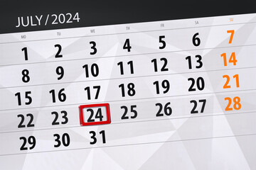 Obraz premium Calendar 2024, deadline, day, month, page, organizer, date, July, wednesday, number 24