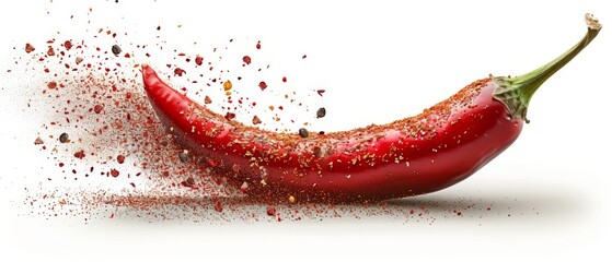 An explosion of red color, spicy bursts, dust or powder splashes of chili pepper powder