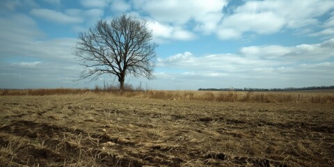 A single bare tree stands in a field of dry brown grass under a bright blue sky with white clouds
