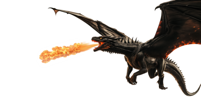 black scaly mythical dragon breathing fire, transparent background
