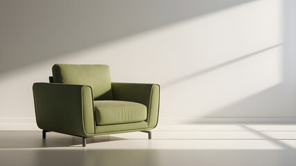 a 3D rendering of a minimalist living room style with a single green armchair set against an empty white wall background