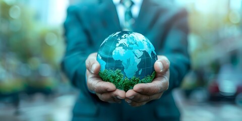 Fototapeta premium Businessman emphasizing ESG strategy for sustainable investing with green globe in hand. Concept Sustainable Investing, ESG Strategy, Green Globe, Businessman, Corporate Responsibility