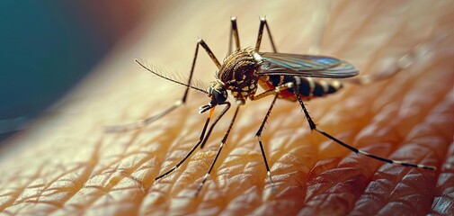 Close-up of a mosquito biting human skin, highlighting the detail of the insect and its interaction with human biology