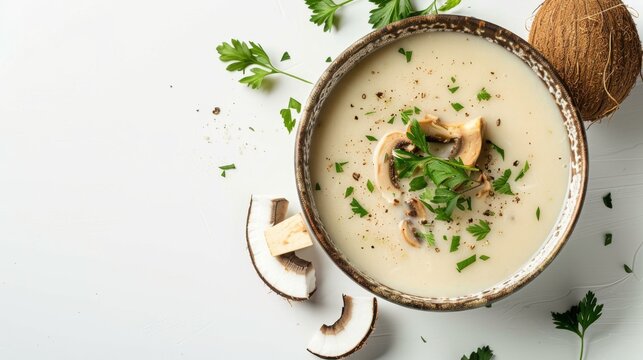Delicious creamy mushroom soup garnished with fresh herbs in a rustic bowl on a white background, perfect for a comforting meal.