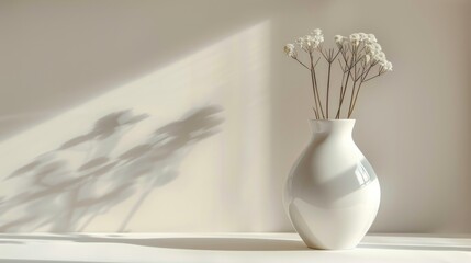 Minimalist white vase with delicate flowers casting soft shadows on a plain wall. Perfect for home decor or interior design inspiration.