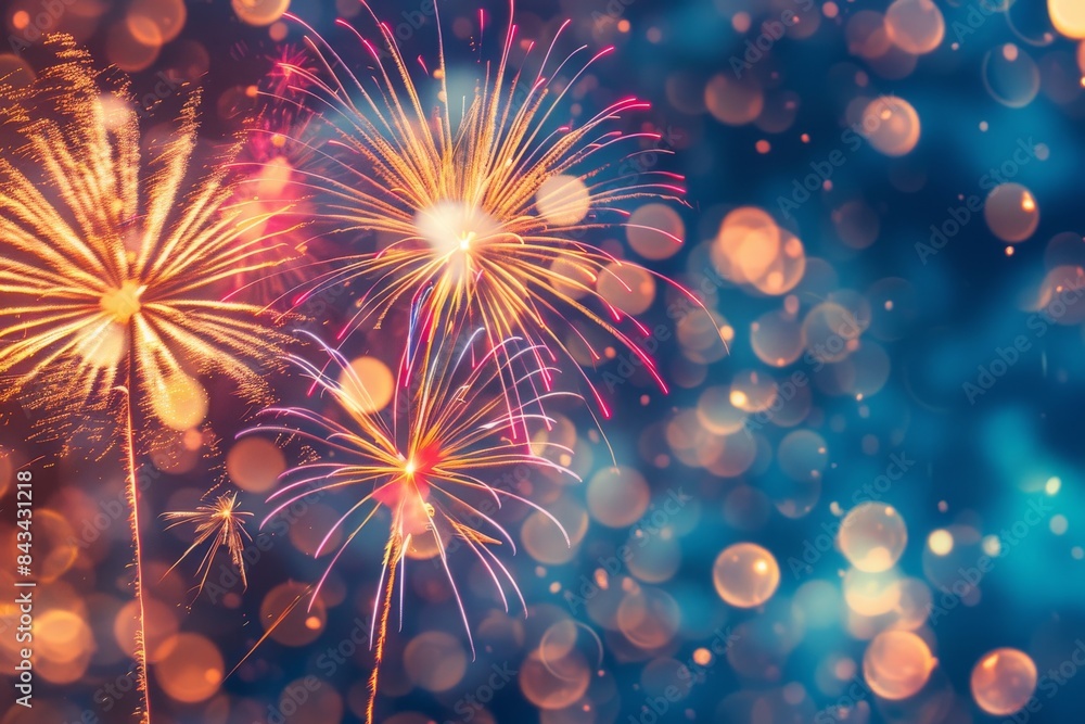 Poster vibrant fireworks bursting in the night sky, creating a colorful and festive atmosphere with bright 