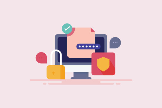 Document protected by password encryption technology, data privacy access control internet protocol conceptual vector illustration.