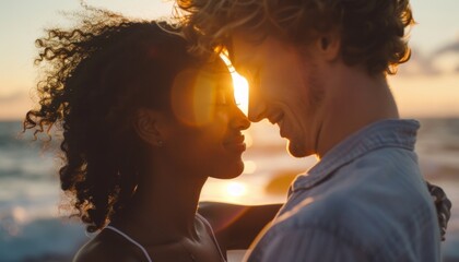Dusk Embrace: A Biracial Couple by the Seashore at Sunset