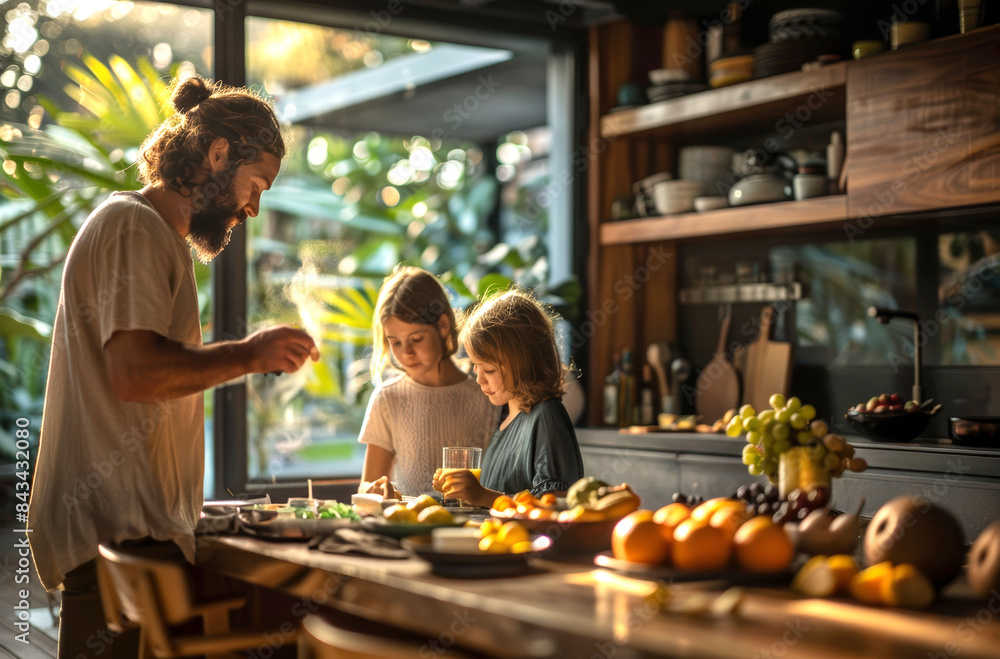 Wall mural Happy family preparing breakfast together in a bright, sunlit kitchen surrounded by fresh fruits and vegetables, fostering moments of bonding and joy - Wall murals