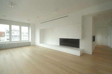 Fototapeta premium A spacious and modern living room with a fireplace and large windows offering city views
