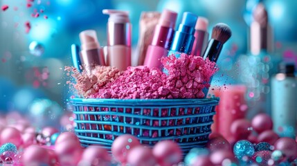shopping cart full of cosmetic products on mart background