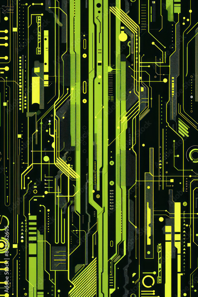 Poster the black background features distinct green and yellow lines running across it