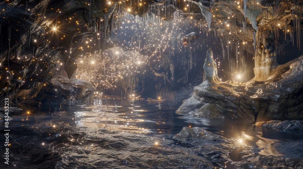 Poster a wide shot of a cave filled with shimmering cave pearls creating a dreamy and ethereal atmosphere.