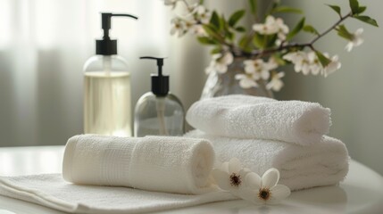 Elegant spa setup featuring neatly folded white towels, clear pump bottles, and delicate flowers, creating a serene and inviting atmosphere.