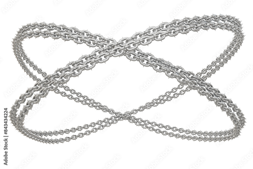 Poster abstract chain link art. 3d render features an abstract design element: sharp-tipped metal chains fo