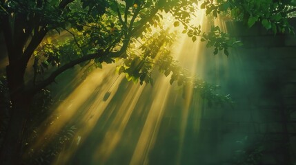 Obraz premium Tall tree in the forest in warm sunlight
