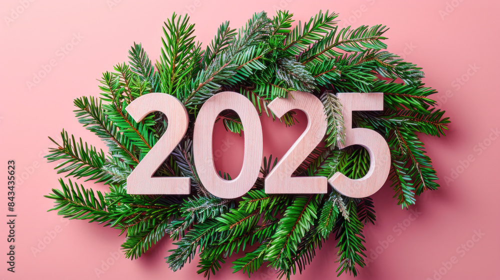 Poster the number 2025 is displayed inside a border of pine branches against a pink backdrop