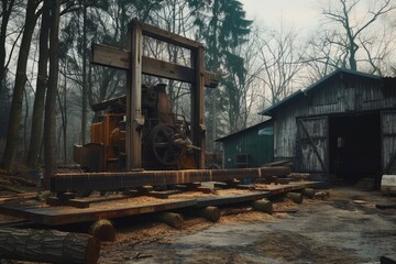 Fototapeta premium Sawmill, sawmill buildings with equipment with logs in the forest