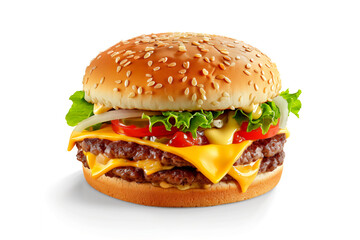 Double cheeseburger with lettuce, tomato, and onion on a sesame seed bun