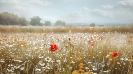 there are many red flowers in a field of tall grass