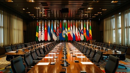 A conference room with diplomats and business leaders from different nations engaged in discussions, symbolizing international relations and global policy-making, with flags of various countries