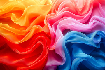 Multicolored chiffon fabric flowing in waves creating abstract background