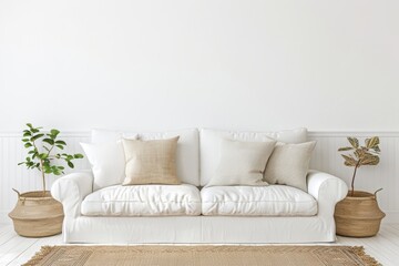 A white sofa with tan pillows sits in a minimalist living room with two potted plants flanking the...